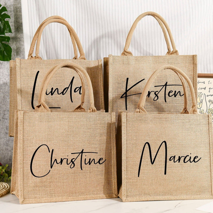 Burlap Bags Bridesmaid, Custom Jute Bag with Ribbon, Tote Gift Bags with Name, Personalized Beach Bag, Gift for Her, Bridal Party