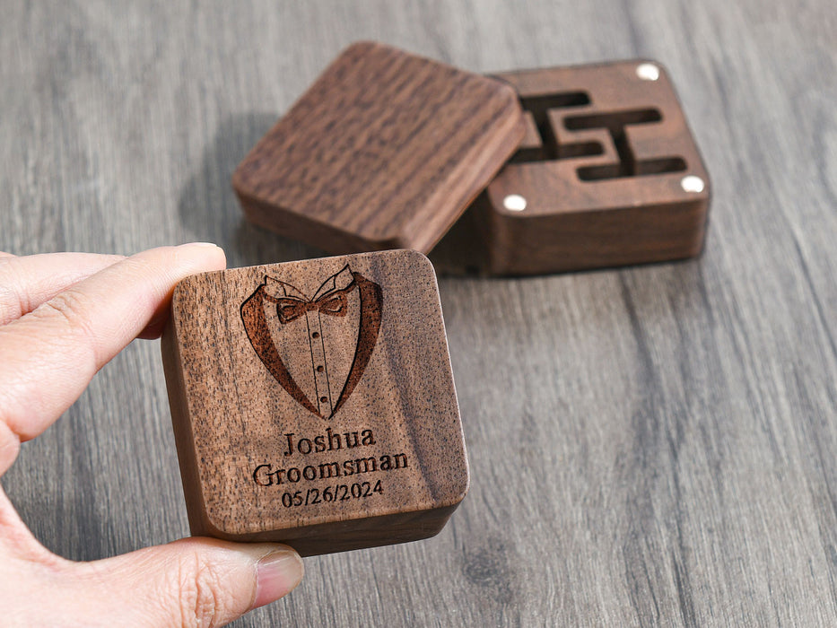 Groomsman Cuff Links & Tie Clip Set, Engraved Wooden Gift Box