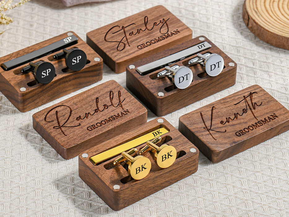 Engraved Groomsmen Cufflinks, Wedding Cufflinks & Tie Clip Set