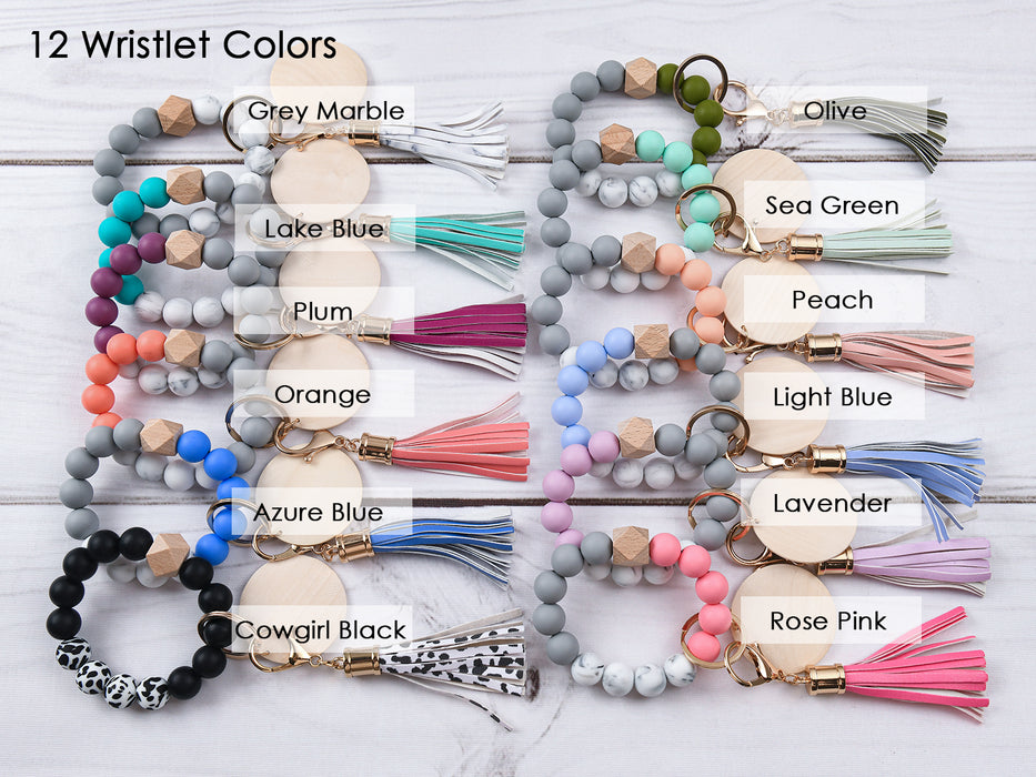 Custom Silicone Beaded Bracelet Wristlet with Wooden Tag