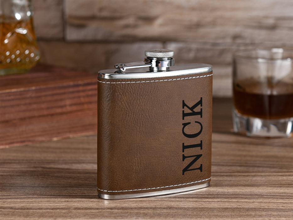 Personalized Leather Flask for Men - Engraved 6oz