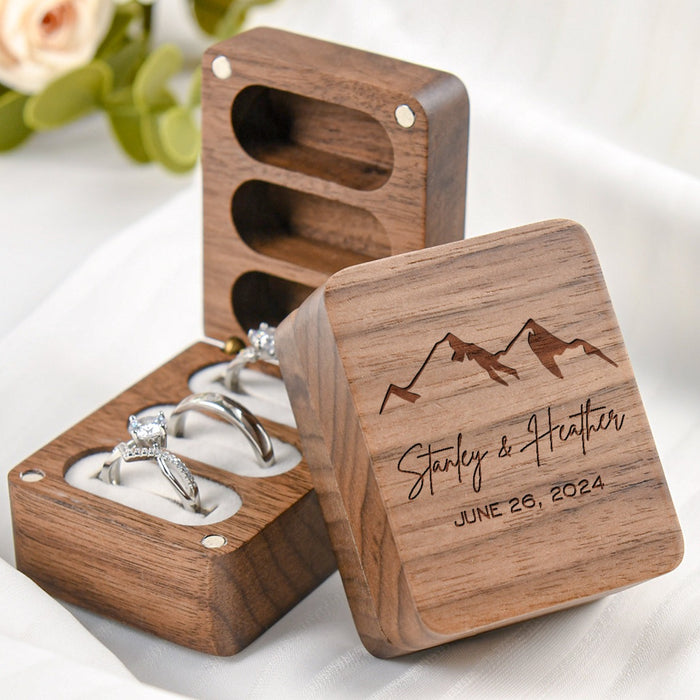 Engraved Wooden Ring Box for Wedding Ceremony, Three Slots