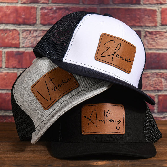 Custom Leather Patch Trucker Hats,Laser engraved Name or Logo on Leather Patch Hat