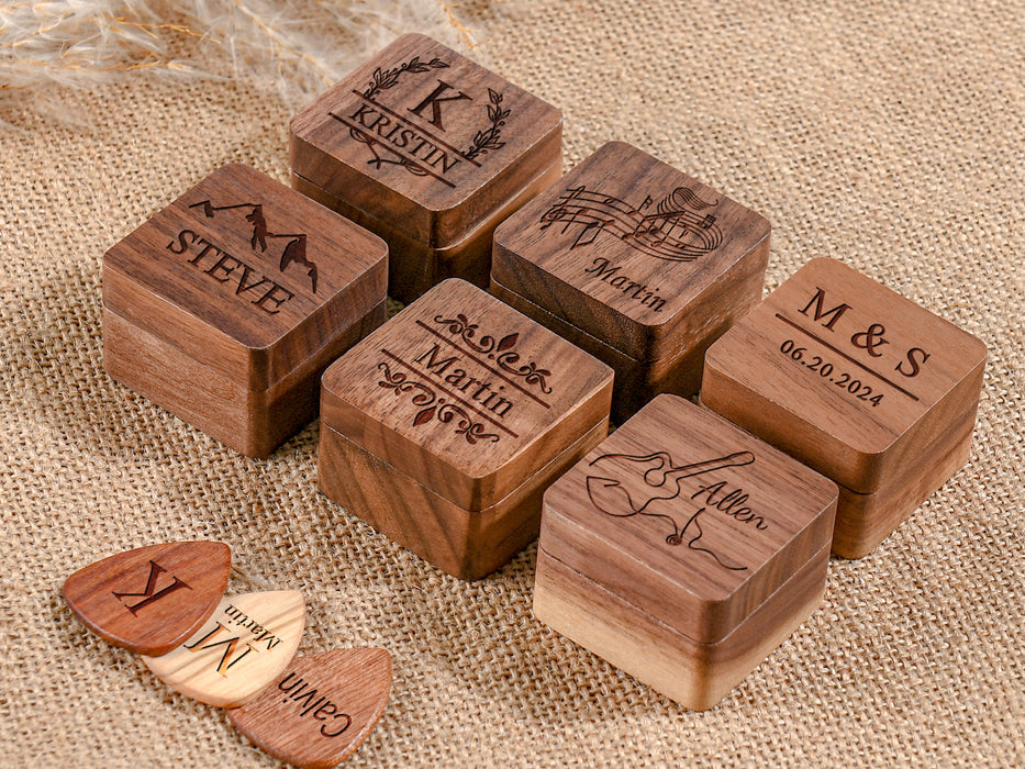 Personalized Guitar Picks with Wood Box - Engraved