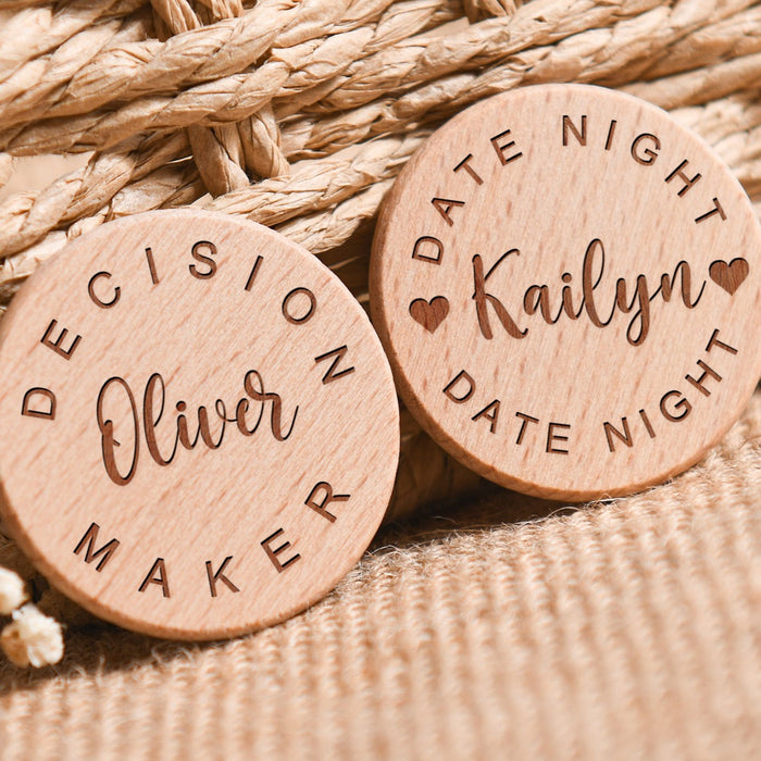 Custom Engraved Decision Flip Coin, 37mm Wood Disc