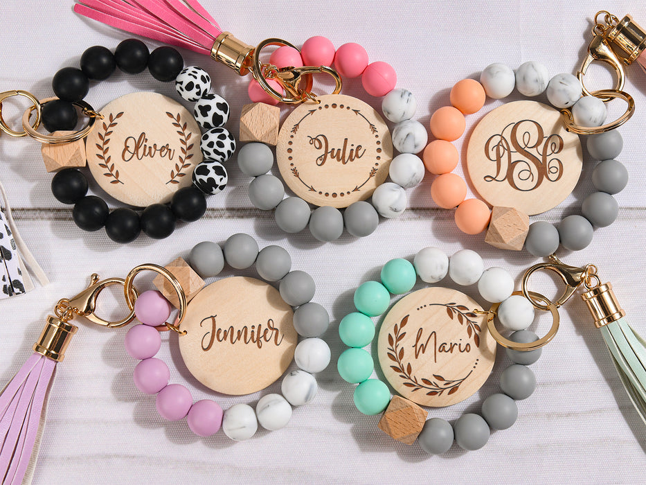 Custom Silicone Beaded Bracelet Wristlet with Wooden Tag