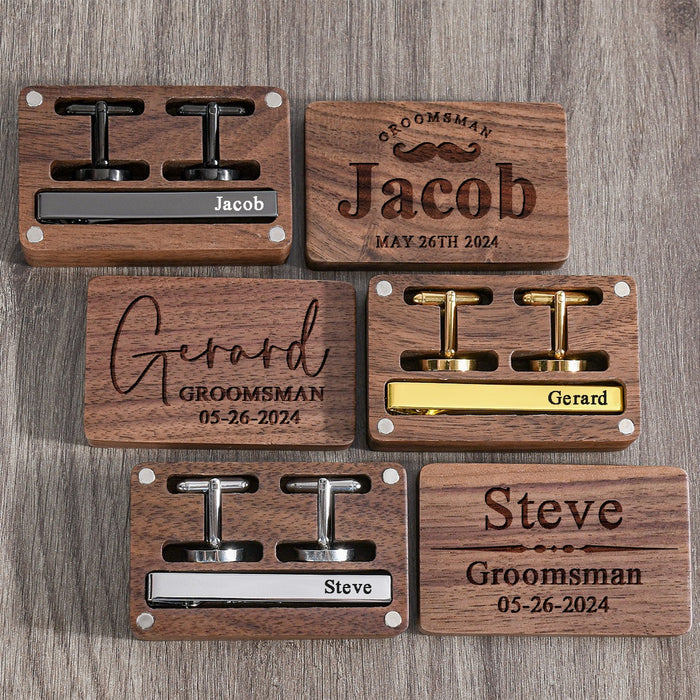 Groomsman Cuff Links & Tie Clip Set, Engraved Wooden Gift Box