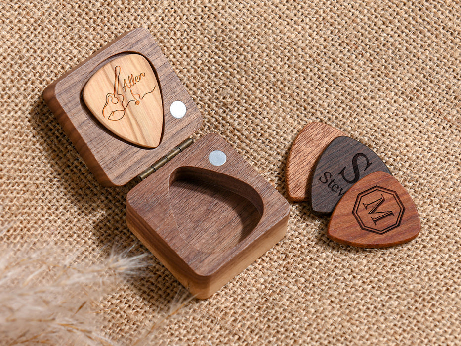 Personalized Guitar Picks with Wood Box - Engraved