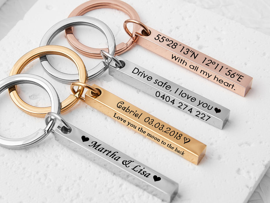 4 Sided Laser Engraved Bar Keychain for Boyfriend