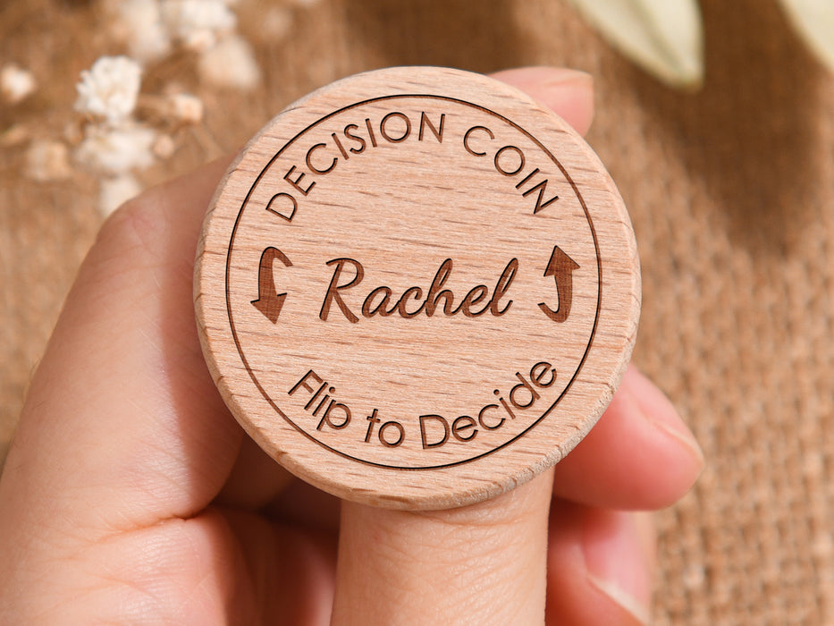 Custom Engraved Decision Flip Coin, 37mm Wood Disc