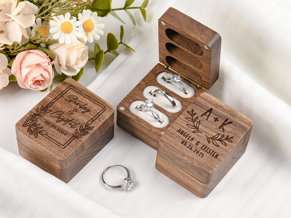 Engraved Wooden Ring Box for Wedding Ceremony, Three Slots