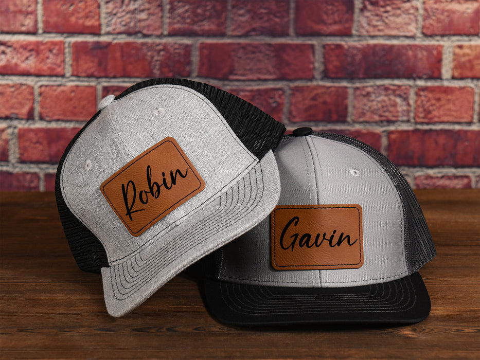 Custom Leather Patch Trucker Hats,Laser engraved Name or Logo on Leather Patch Hat