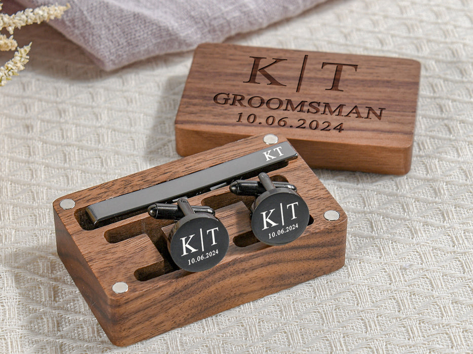 Engraved Groomsmen Cufflinks, Wedding Cufflinks & Tie Clip Set