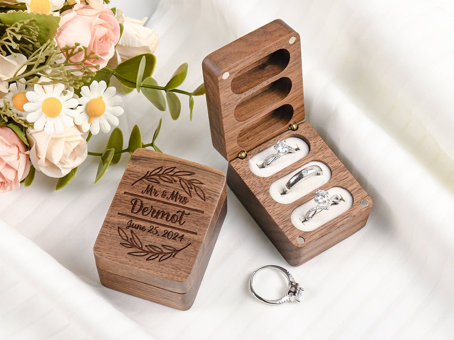 Engraved Wooden Ring Box for Wedding Ceremony, Three Slots