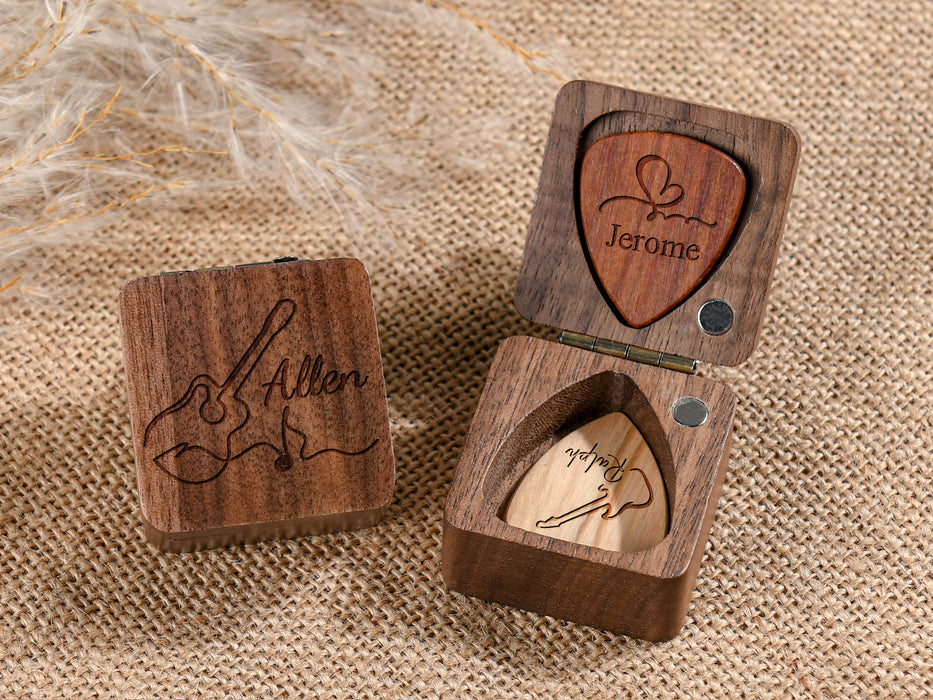 Personalized Guitar Picks with Wood Box - Engraved