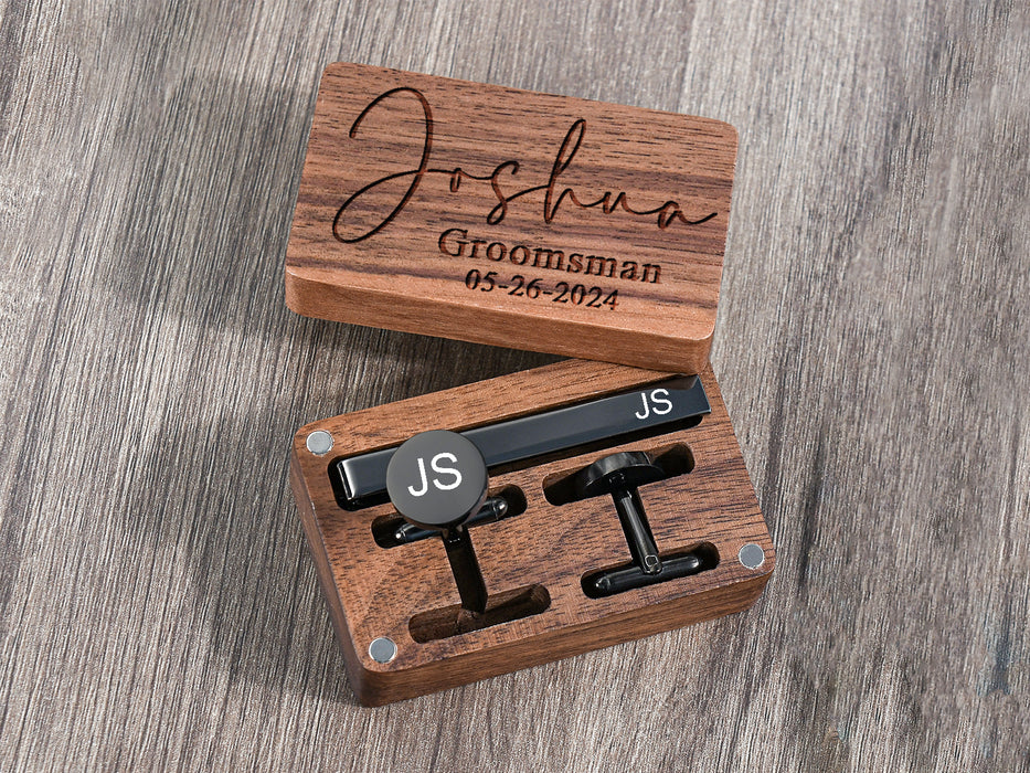 Groomsman Cuff Links & Tie Clip Set, Engraved Wooden Gift Box