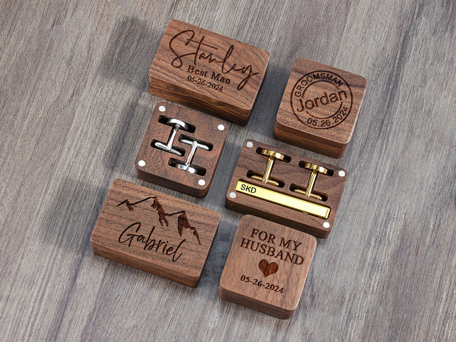 Groomsman Cuff Links & Tie Clip Set, Engraved Wooden Gift Box