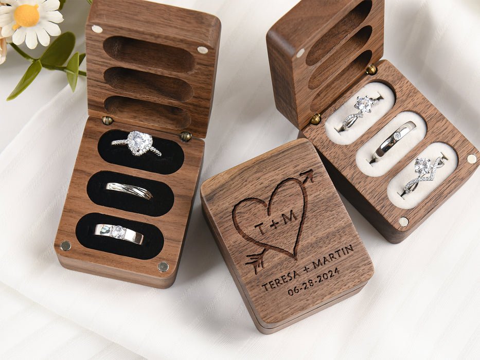 Engraved Wooden Ring Box for Wedding Ceremony, Three Slots