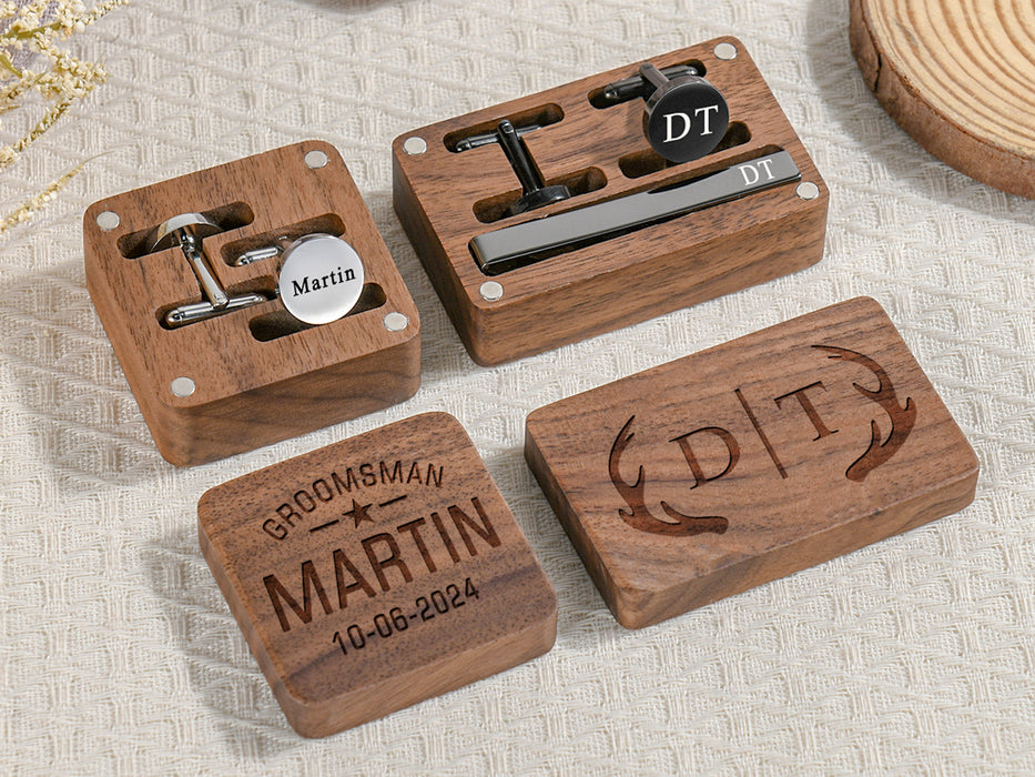 Engraved Groomsmen Cufflinks, Wedding Cufflinks & Tie Clip Set