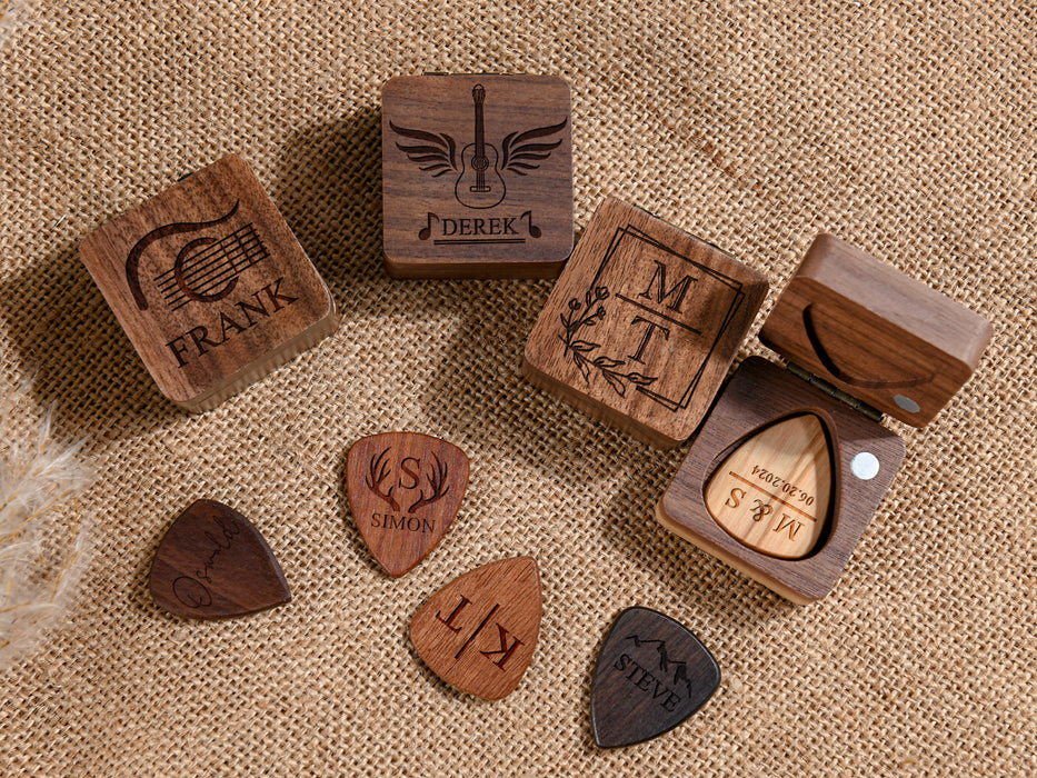 Personalized Guitar Picks with Wood Box - Engraved