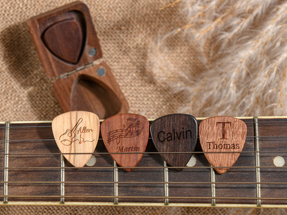 Personalized Guitar Picks with Wood Box - Engraved