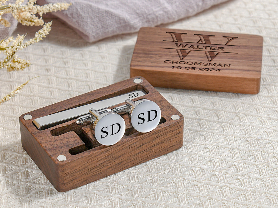 Engraved Groomsmen Cufflinks, Wedding Cufflinks & Tie Clip Set