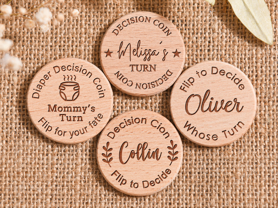 Custom Engraved Decision Flip Coin, 37mm Wood Disc