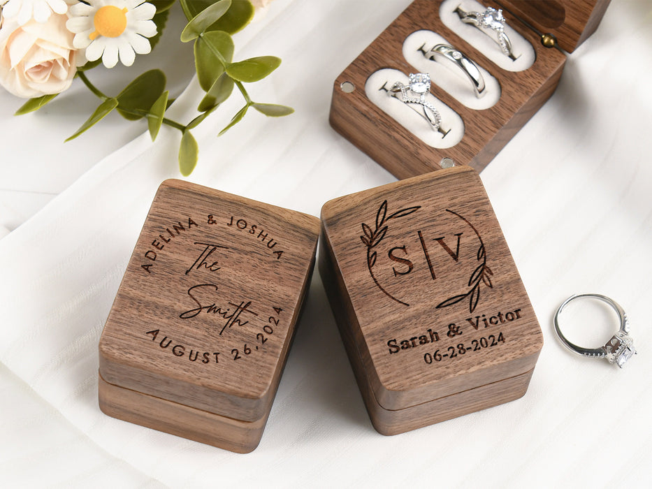 Engraved Wooden Ring Box for Wedding Ceremony, Three Slots