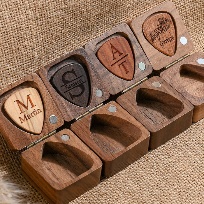 Personalized Guitar Picks with Wood Box - Engraved