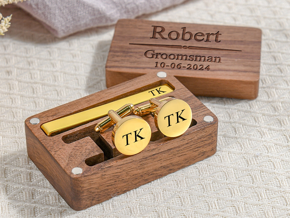 Engraved Groomsmen Cufflinks, Wedding Cufflinks & Tie Clip Set