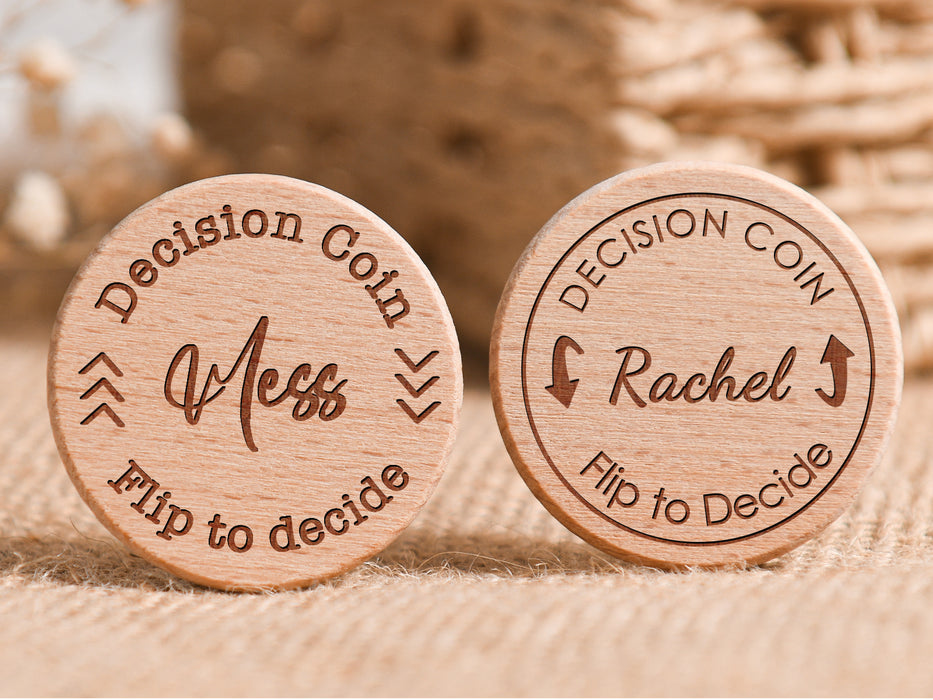 Custom Engraved Decision Flip Coin, 37mm Wood Disc