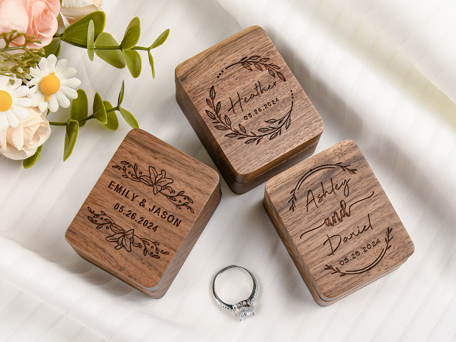 Engraved Wooden Ring Box for Wedding Ceremony, Three Slots