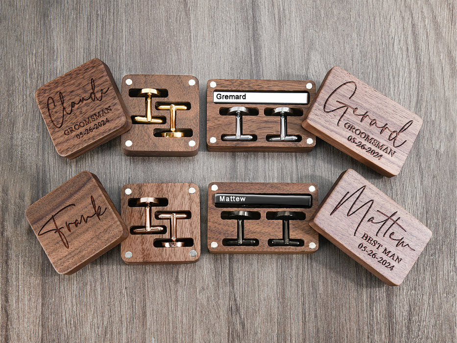 Groomsman Cuff Links & Tie Clip Set, Engraved Wooden Gift Box