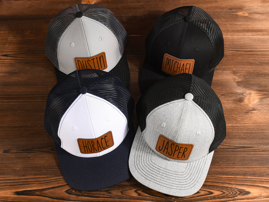 Custom Leather Patch Trucker Hats,Laser engraved Name or Logo on Leather Patch Hat