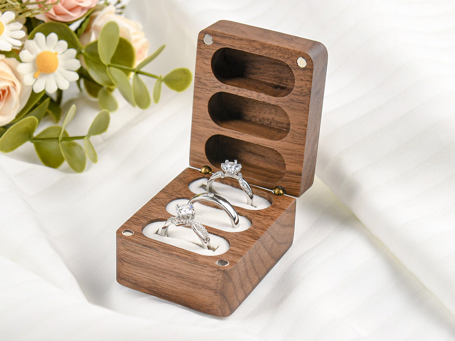 Engraved Wooden Ring Box for Wedding Ceremony, Three Slots