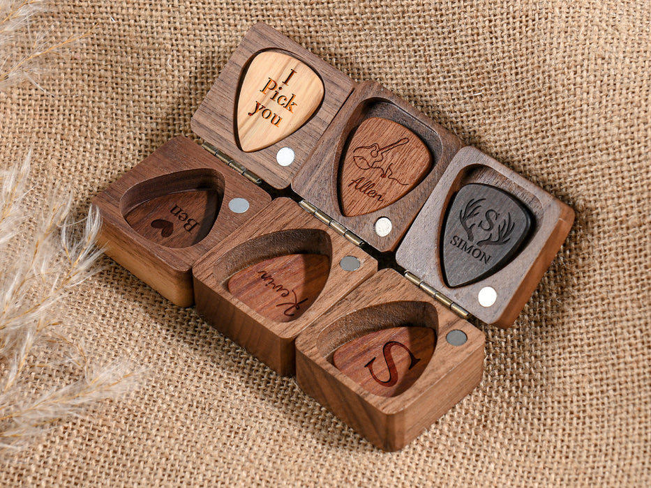 Personalized Guitar Picks with Wood Box - Engraved