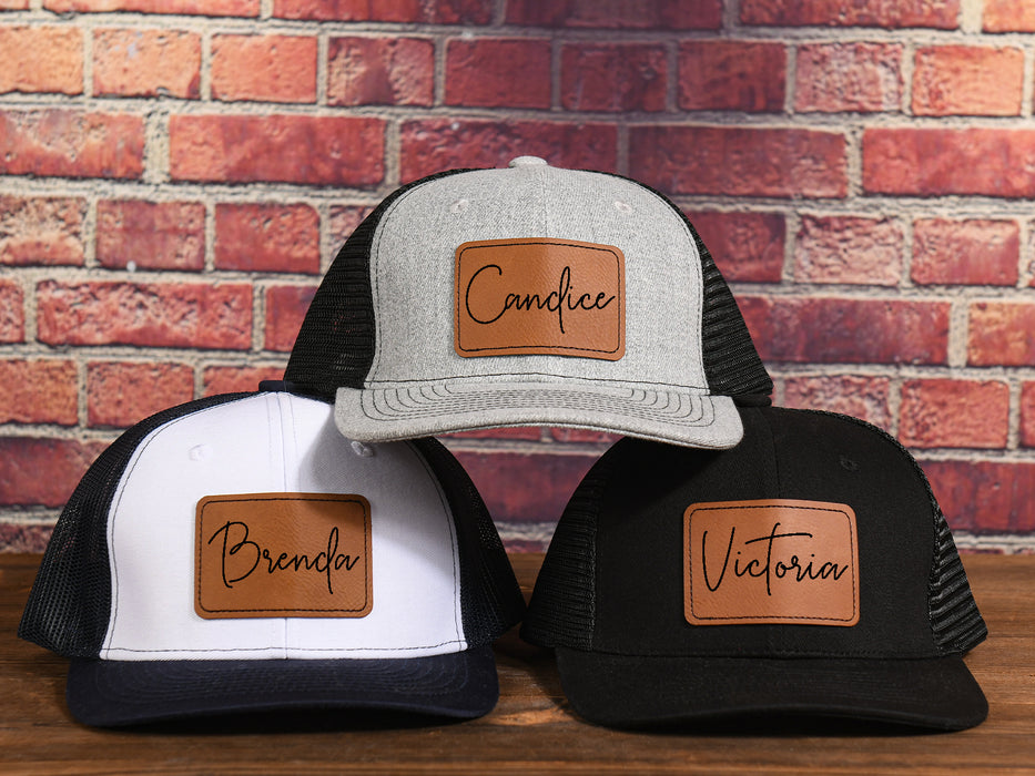 Custom Leather Patch Trucker Hats,Laser engraved Name or Logo on Leather Patch Hat