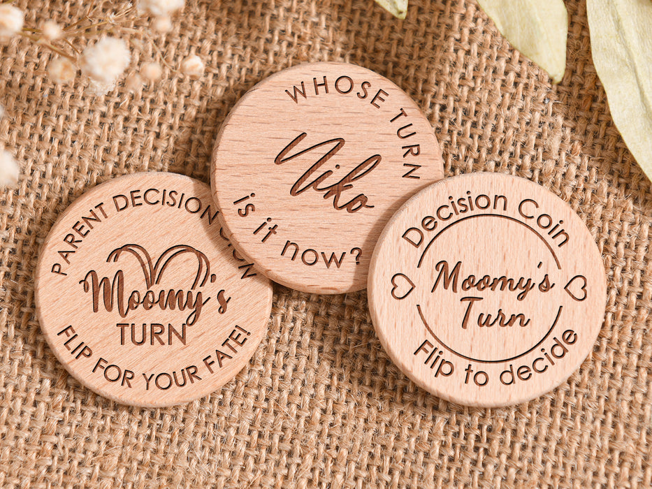 Custom Engraved Decision Flip Coin, 37mm Wood Disc