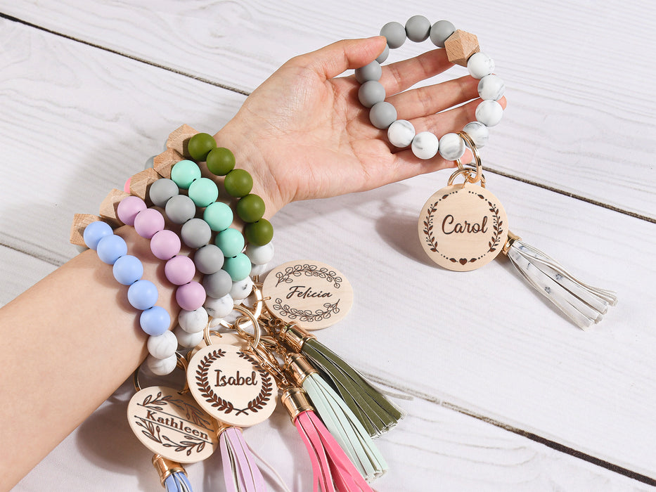 Custom Silicone Beaded Bracelet Wristlet with Wooden Tag