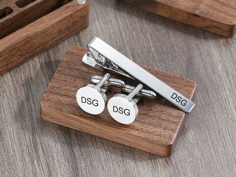 Groomsman Cuff Links & Tie Clip Set, Engraved Wooden Gift Box