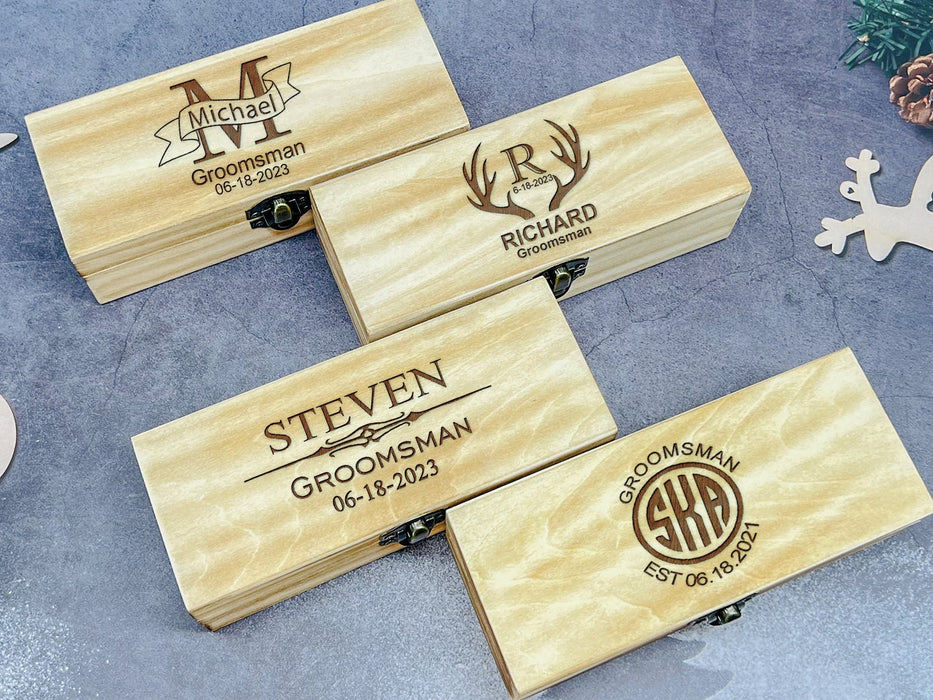 Personalized Groomsmen Sunglasses Case Set,Wooden Groomsmen Gift Box,Engraved Mens Sunglasses,Custom Wood Sunglasses Box,Bachelor Party Gift