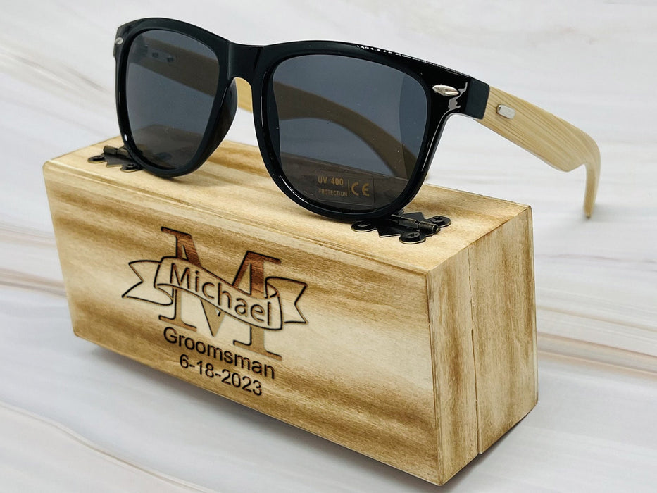 Personalized Groomsmen Sunglasses Case Set,Wooden Groomsmen Gift Box,Engraved Mens Sunglasses,Custom Wood Sunglasses Box,Bachelor Party Gift