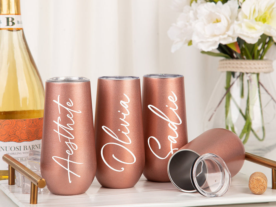 Champagne Flute Tumbler, Personalized Bridesmaid Gift Ideas, Stemless 6oz Wine Tumbler, Stainless Wine Cup Bride Bridesmaid Proposal Gift