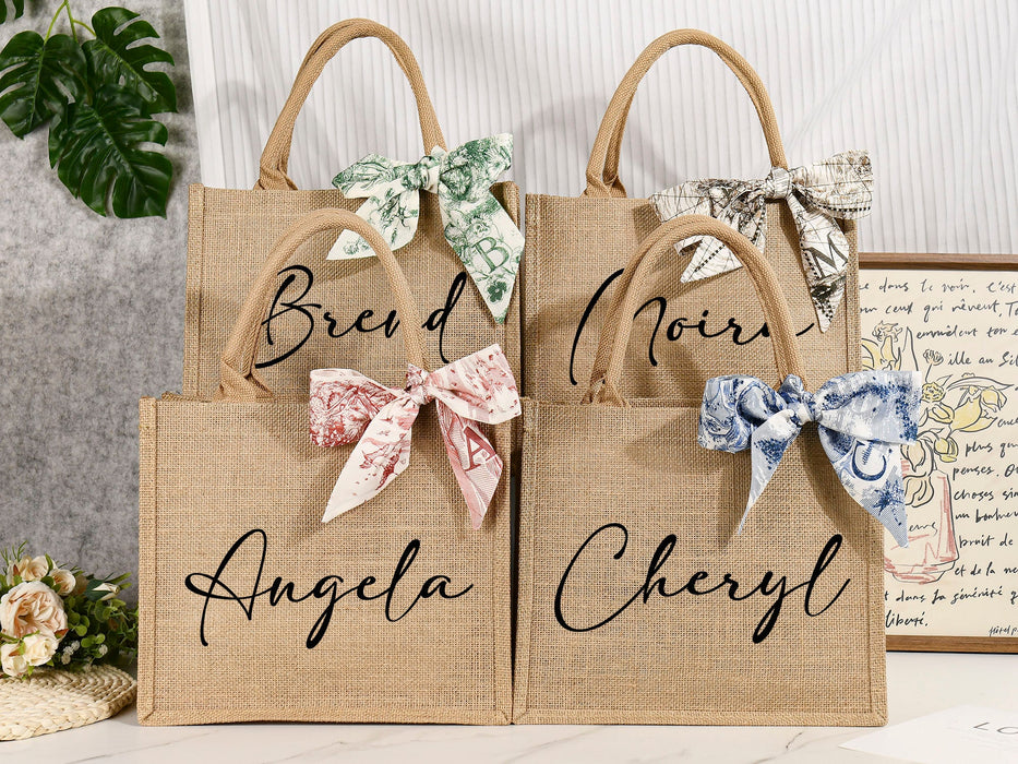 Burlap Bags Bridesmaid, Custom Jute Bag with Ribbon, Tote Gift Bags with Name, Personalized Beach Bag, Gift for Her, Bridal Party