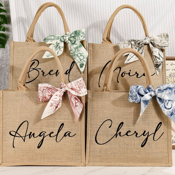 Bridesmaid Gift Bags,Burlap Jute Bags Personalized,Custom Jute Bag with ribbon,Bridesmaid Bags with Name,Gift for Her,Beach Bag,Bridal Party