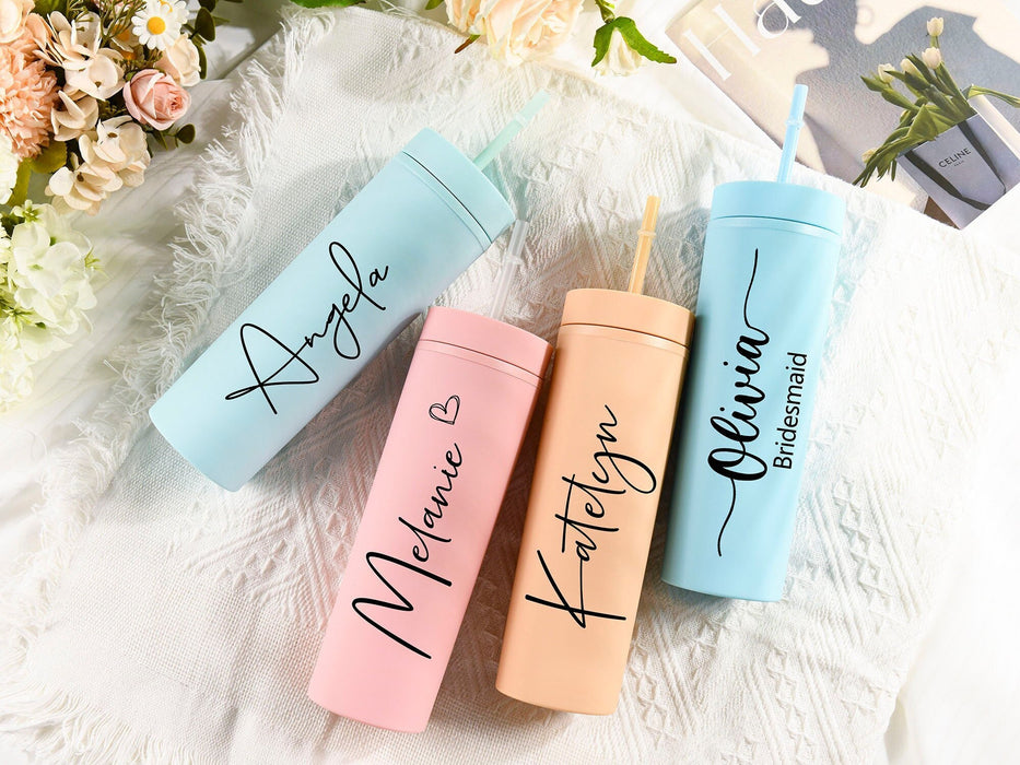 Custom Skinny Tumbler, Personalized Cup with Name, Bridesmaid Tumbler Gifts for Her, Bachelorette Wine Glass Party, Tumblers with Straw