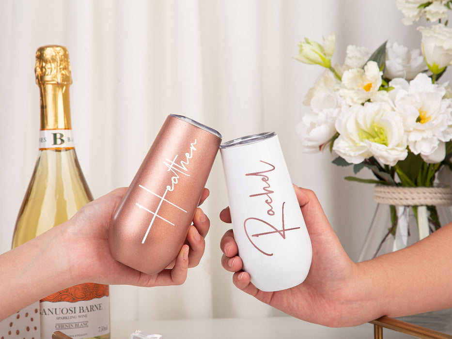 Champagne Flute Tumbler, Personalized Bridesmaid Gift Ideas, Stemless 6oz Wine Tumbler, Stainless Wine Cup Bride Bridesmaid Proposal Gift