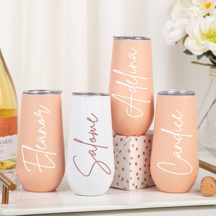 Champagne Flute Tumbler, Personalized Bridesmaid Gift Ideas, Stemless 6oz Wine Tumbler, Stainless Wine Cup Bride Bridesmaid Proposal Gift