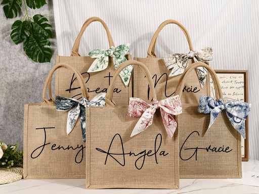 Bridesmaid Gift Bags,Burlap Jute Bags Personalized,Custom Jute Bag with ribbon,Bridesmaid Bags with Name,Gift for Her,Beach Bag,Bridal Party