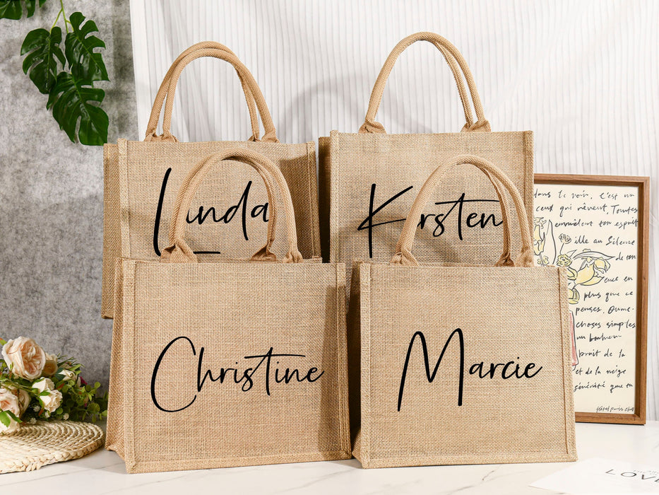 Bridesmaid Gift Bags,Burlap Jute Bags Personalized,Custom Jute Bag with ribbon,Bridesmaid Bags with Name,Gift for Her,Beach Bag,Bridal Party